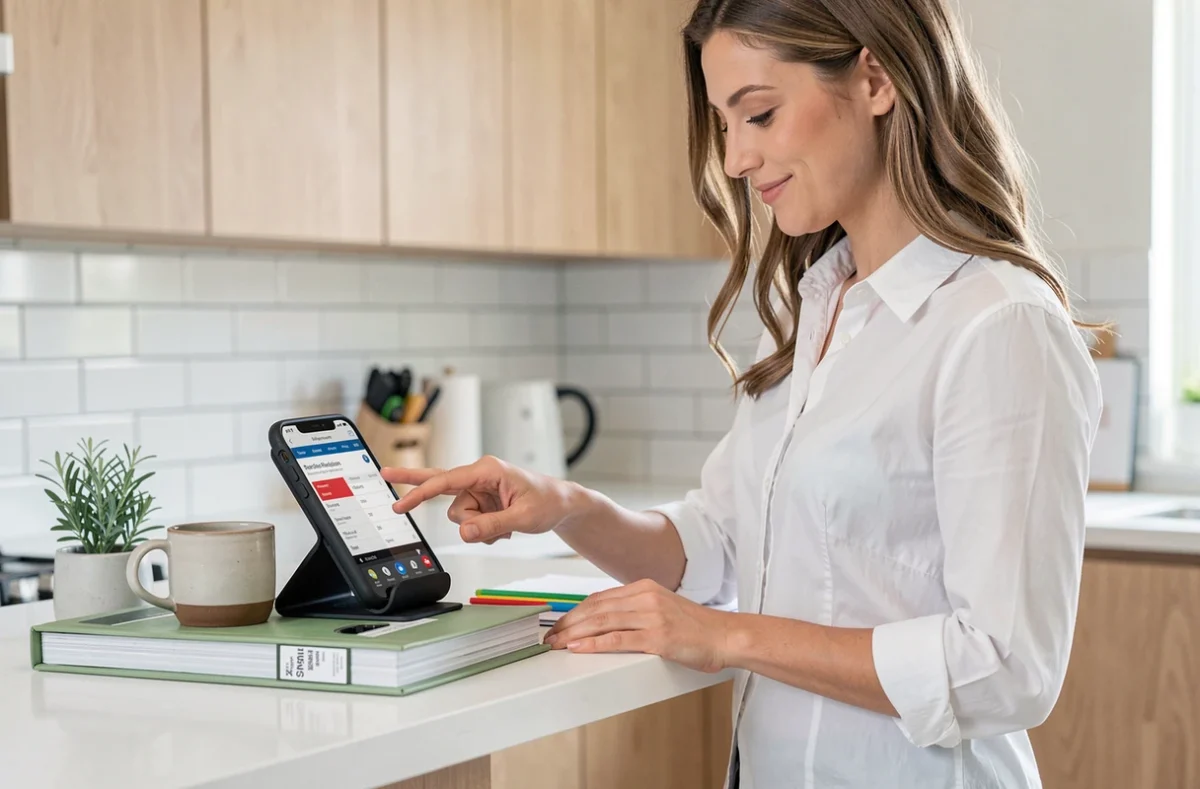 Femme révisant ses cours de comptabilité à l'aide d'un planning quotidien sur smartphone depuis sa cuisine