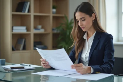 Femme professionnelle examine un CV suisse dans un bureau moderne