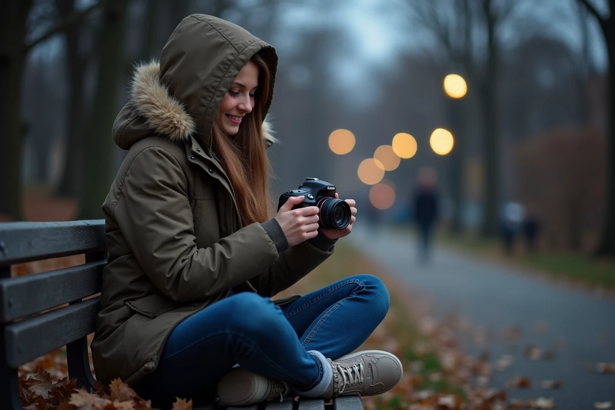 Jeune femme souriante regardant ses photos dans un parc