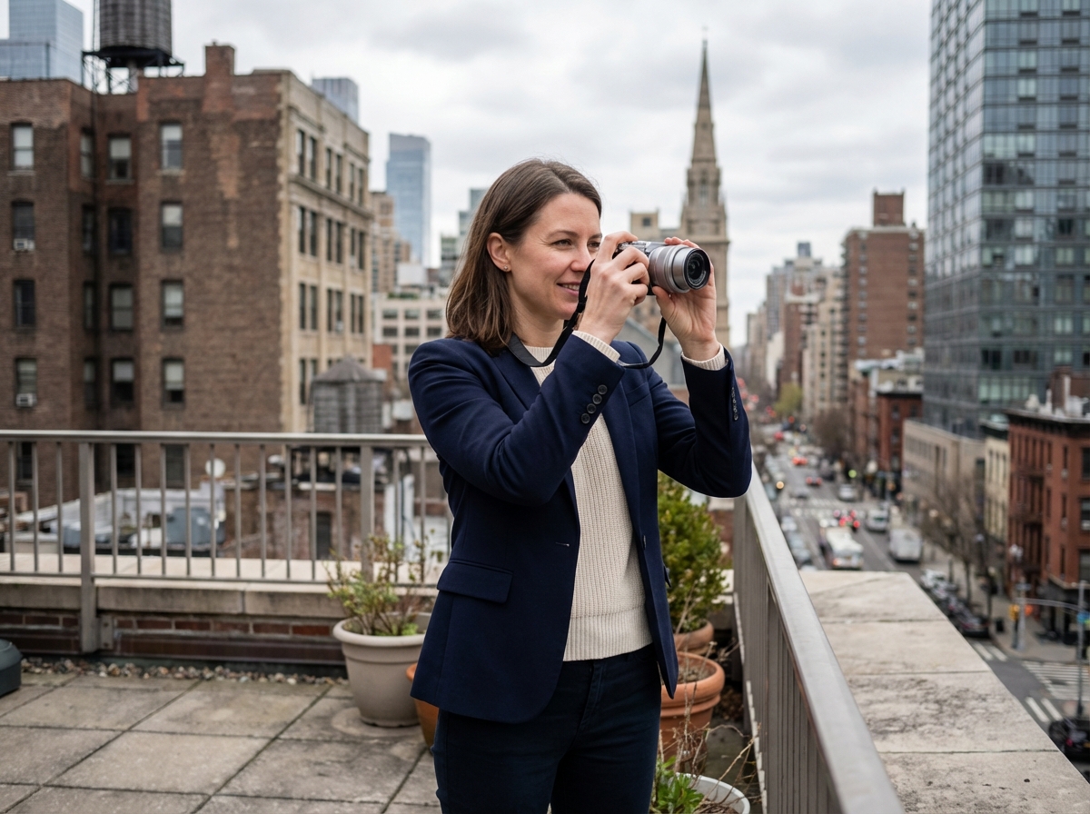 Femme avec appareil photo en milieu urbain lors de sa pause déjeuner