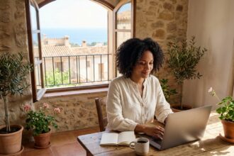 Femme travaillant en télétravail depuis un village méditerranéen dans le cadre du portage salarial