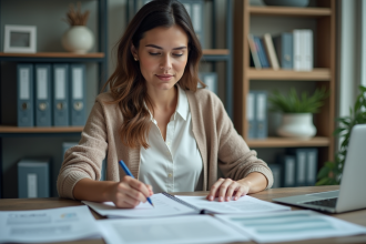 Femme en bureau moderne examine des modèles de consultation