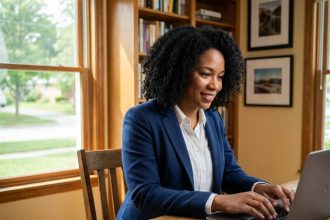 Femme de 40 ans travaillant à domicile sur son ordinateur