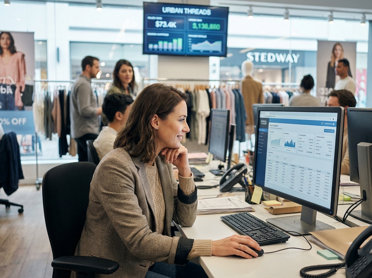 Jeune femme vérifiant logiciel de paie dans un espace dynamique