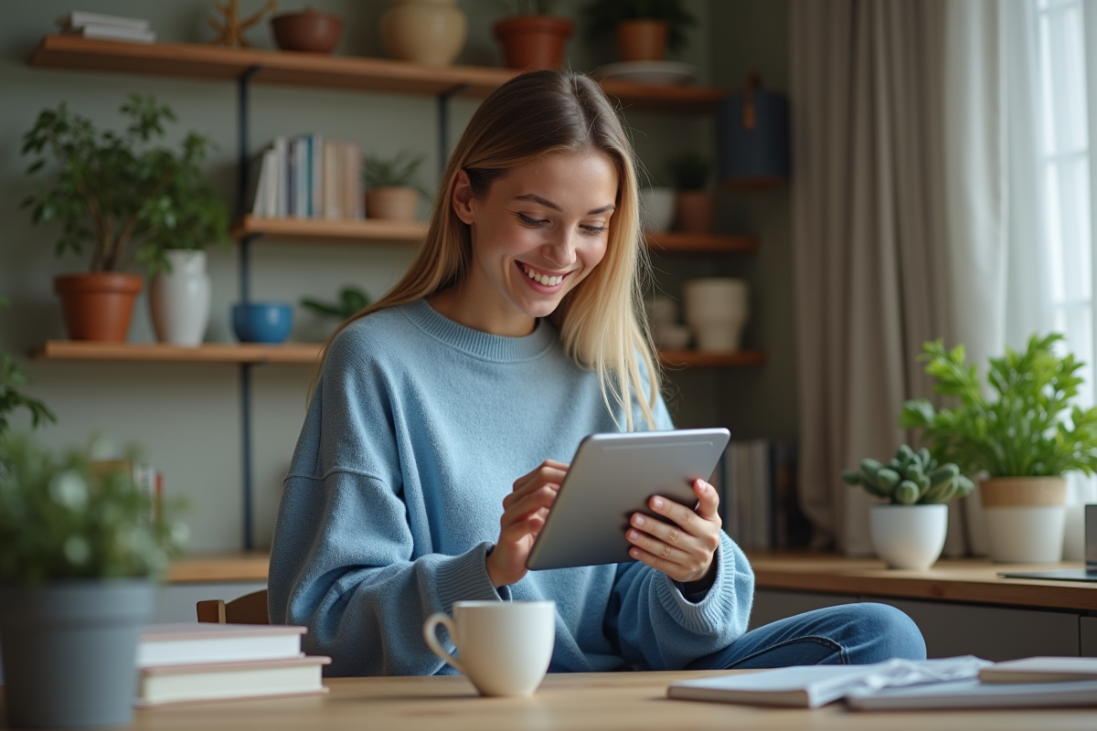 Jeune femme en vidéo appel à la maison avec tablette