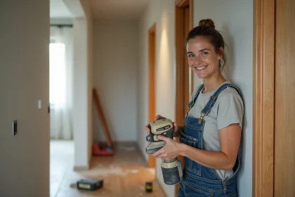 Femme en overalls ponçant une porte en bois dans un couloir moderne