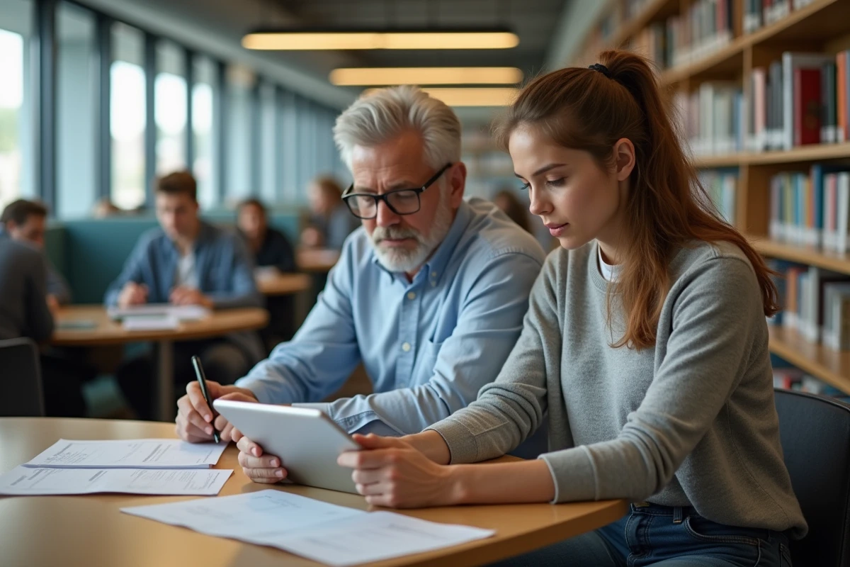 Fille et père étudiant dans une bibliothèque universitaire