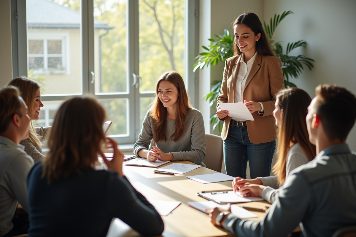 Groupe de formateurs en salle lumineuse en formation