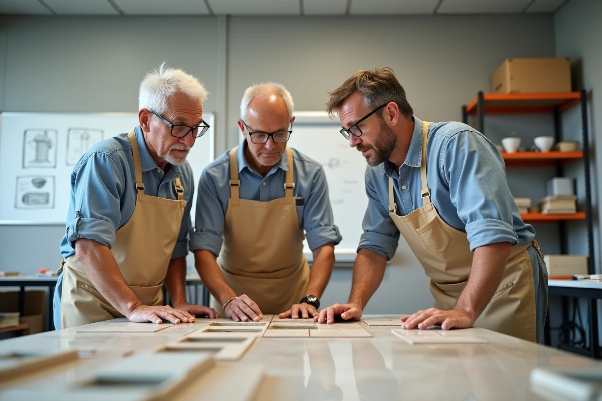 Groupe d'adultes en formation bricolage pratiquant la pose de carrelage dans un centre d'apprentissage professionnel