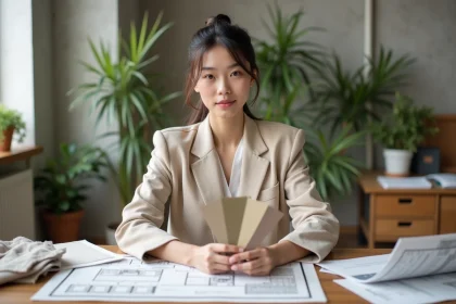 Femme en formation de décorateur d'intérieur analysant des échantillons de tissu et des plans architecturaux dans un studio moderne