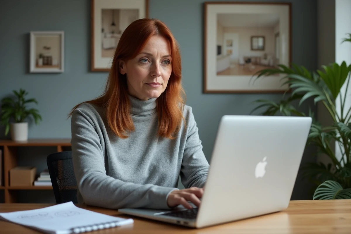 Femme suivant une formation en ligne de décoration intérieure sur son ordinateur portable depuis son bureau à domicile