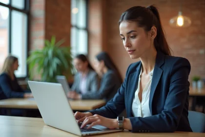 Femme professionnelle suivant une formation LinkedIn sur son ordinateur portable dans un espace de coworking moderne