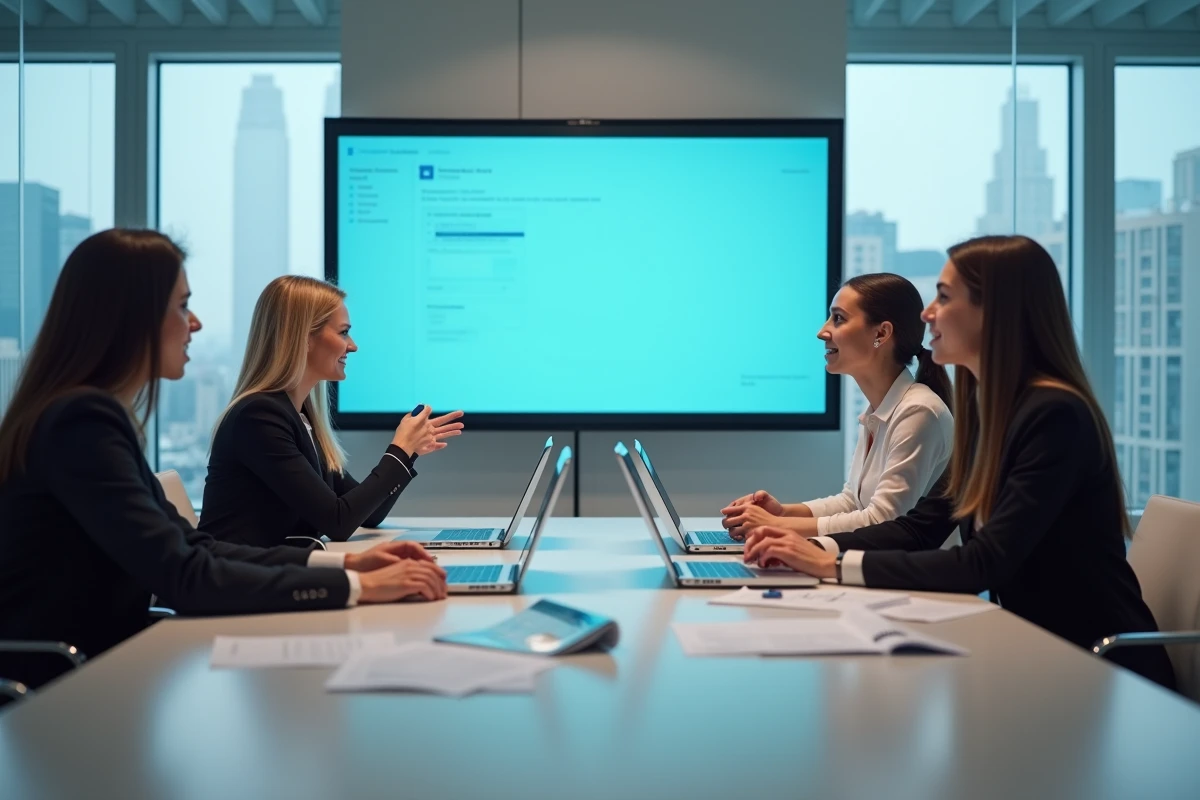 Groupe de professionnels en session de formation LinkedIn autour d'une table de conférence avec supports de cours projetés