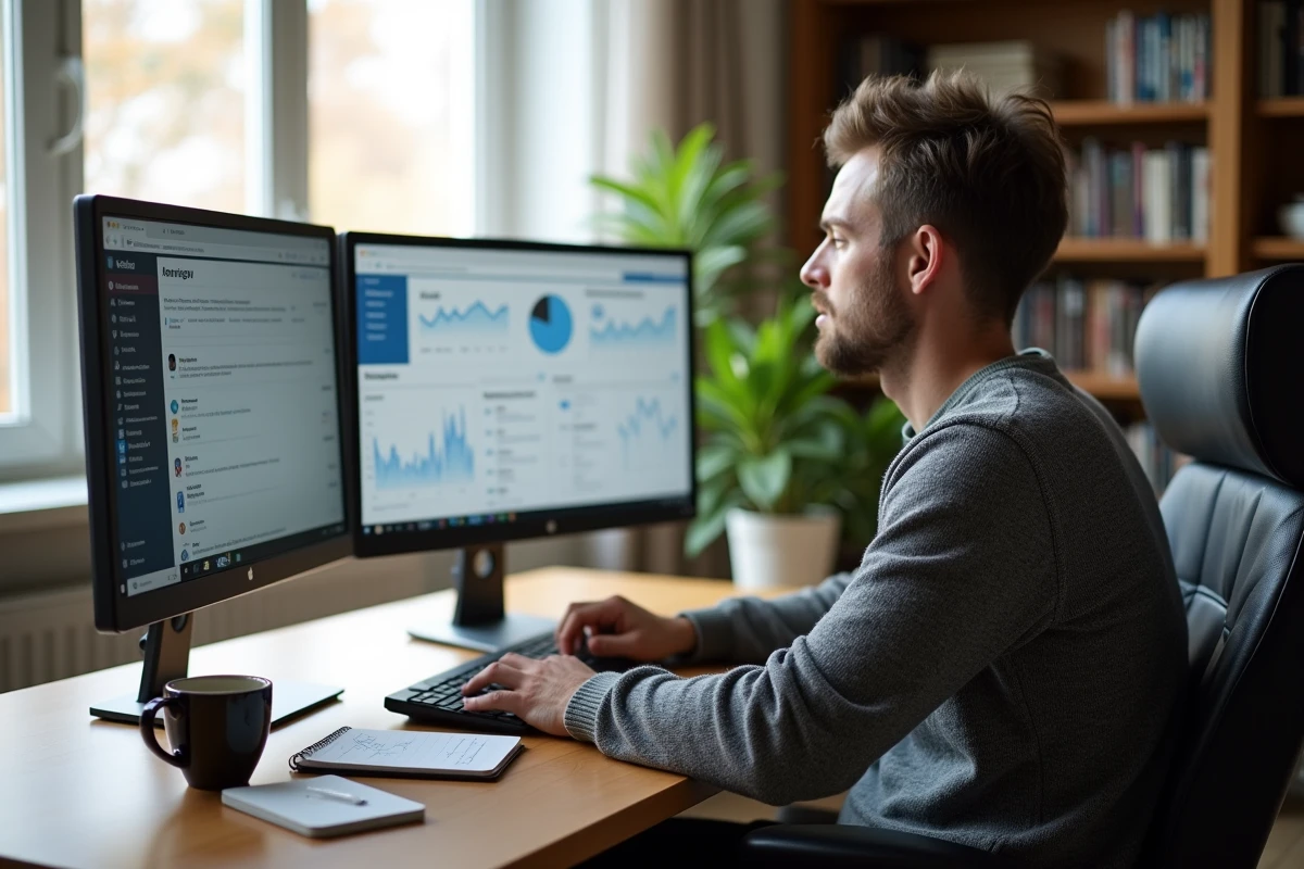Homme en télétravail analysant les résultats de sa formation LinkedIn sur deux écrans dans un bureau à domicile