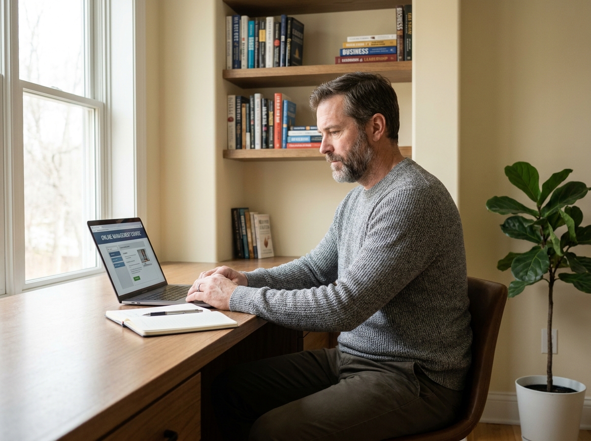 Homme suivant une formation en management en ligne depuis son bureau à domicile