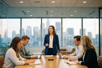 Femme manager présentant une formation en management à son équipe dans une salle de réunion moderne