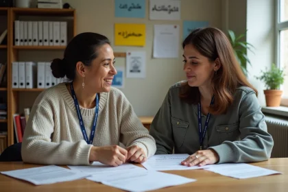 Une femme sans papiers reçoit des conseils sur sa formation auprès d'une bénévole dans un bureau associatif