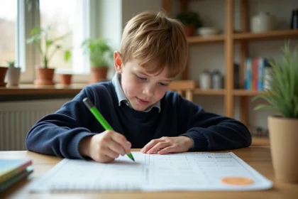 Garçon de 7 ans concentré sur ses exercices à la maison