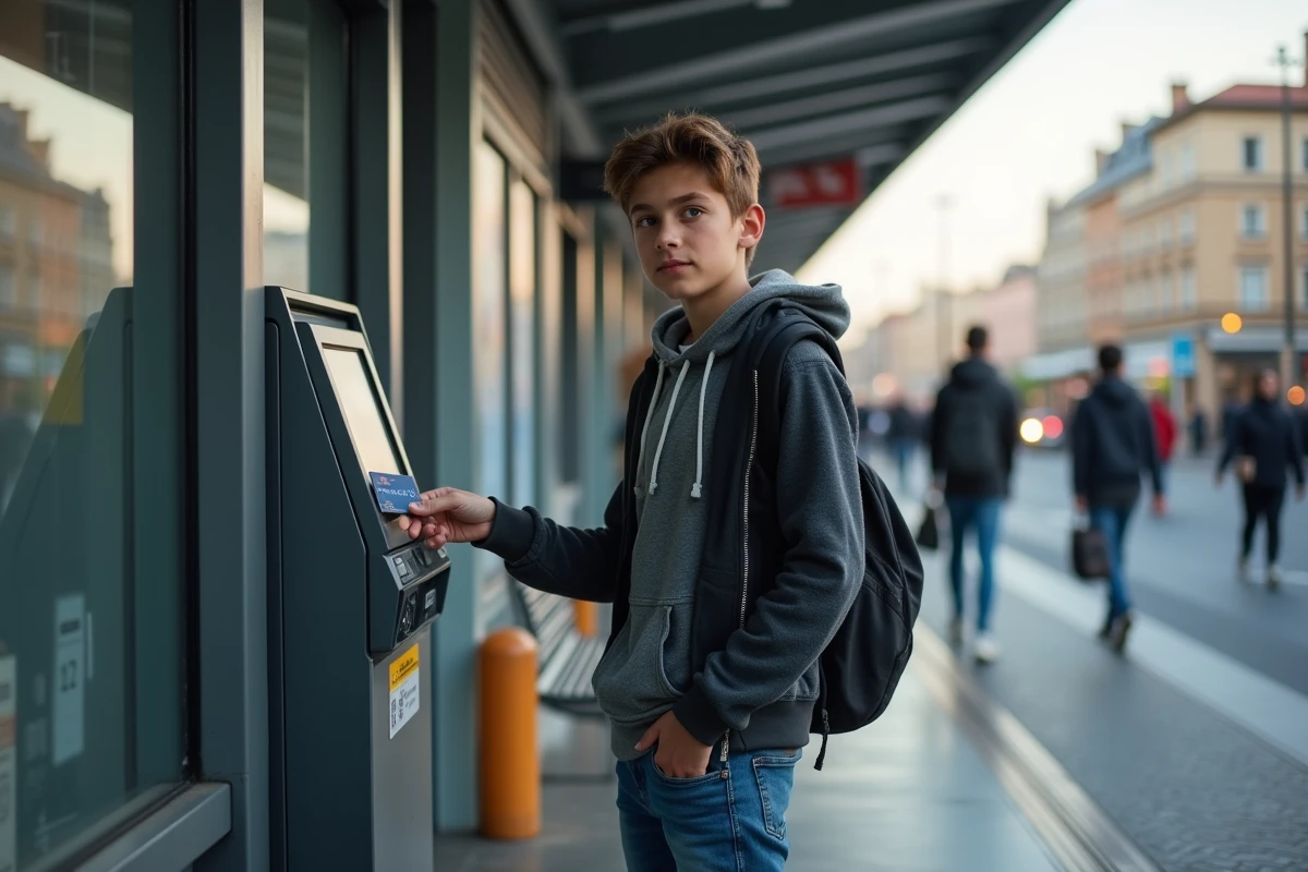 Garçon jeune scanne sa carte dans un distributeur de transport urbain