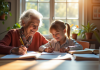 Une femme agee et un enfant souriant apprenant ensemble