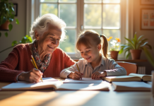 Une femme agee et un enfant souriant apprenant ensemble