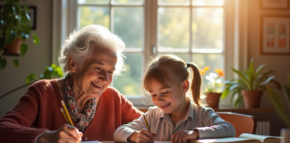 Une femme agee et un enfant souriant apprenant ensemble