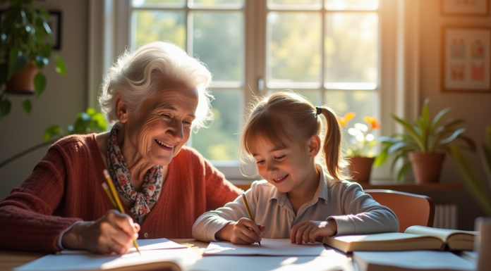 Une femme agee et un enfant souriant apprenant ensemble