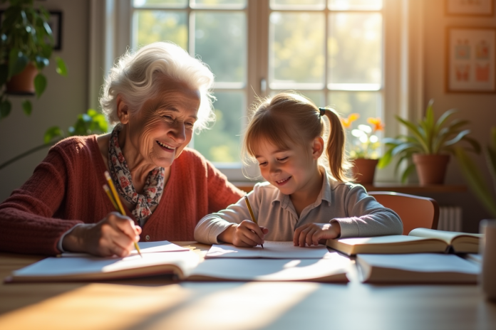 Une femme agee et un enfant souriant apprenant ensemble