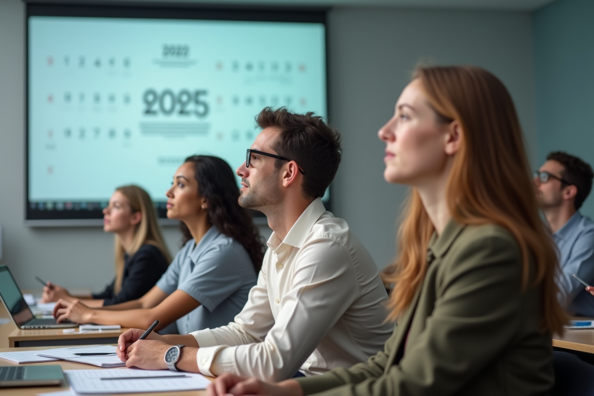 Groupe d adultes divers écoutant une présentation en classe lumineuse