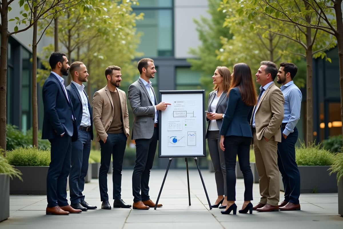 Groupe de professionnels discutant en extérieur