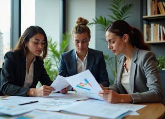 Meilleur type de prise de décision : Comparaison des méthodes de choix Groupe de trois adultes en réunion de travail dans un bureau moderne