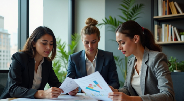 Meilleur type de prise de décision : Comparaison des méthodes de choix Groupe de trois adultes en réunion de travail dans un bureau moderne