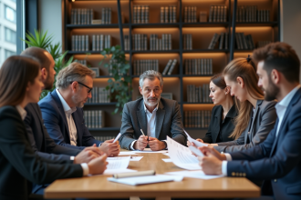 Groupe de professionnels en droit discutant autour d'une table