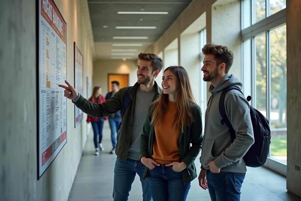 Groupe d'étudiants en ingénierie discutant d'un classement d'école affiché dans un couloir de campus moderne