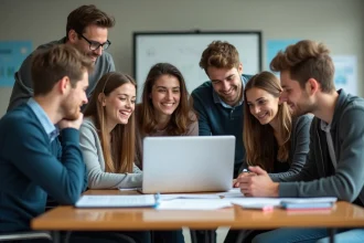 Groupe d'étudiants en classe moderne en discussion