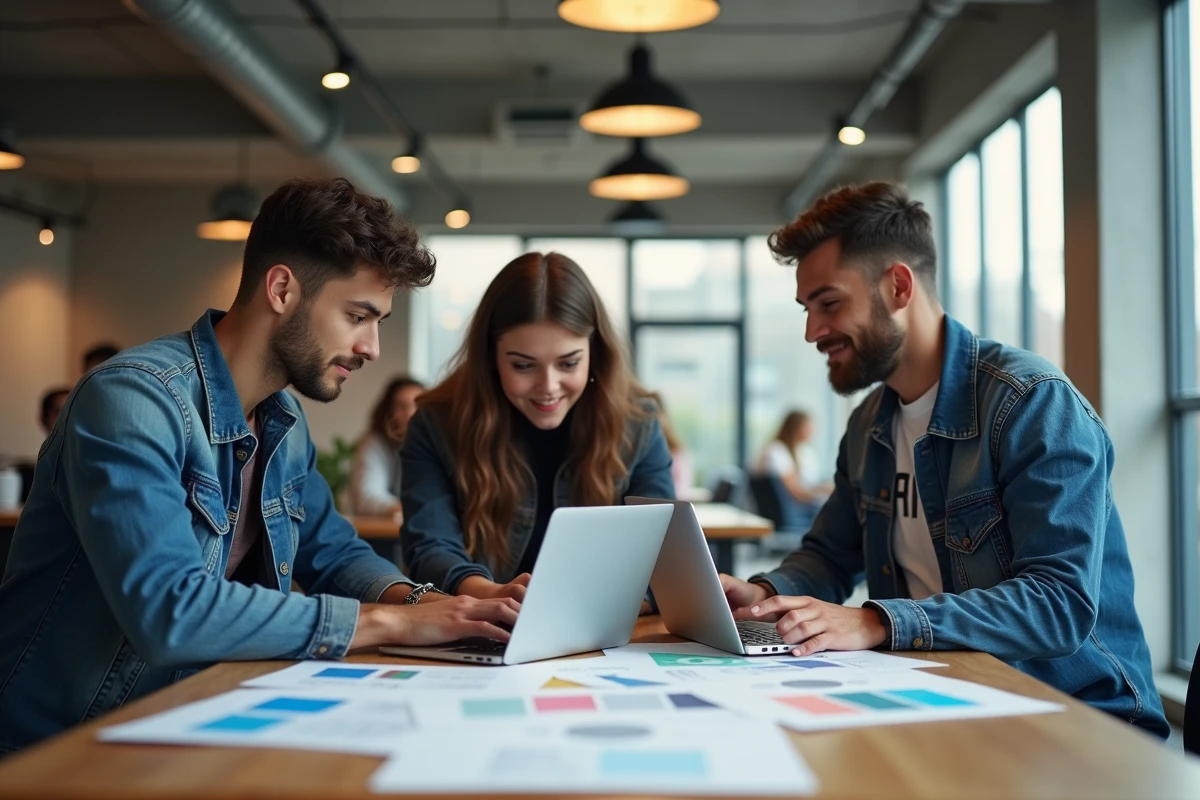Groupe d'étudiants collaborant sur un projet créatif dans un espace de coworking universitaire moderne