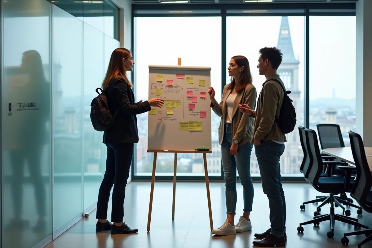 Groupe d'étudiants en école de marketing digital à Paris travaillant en équipe sur une stratégie de communication devant un tableau blanc