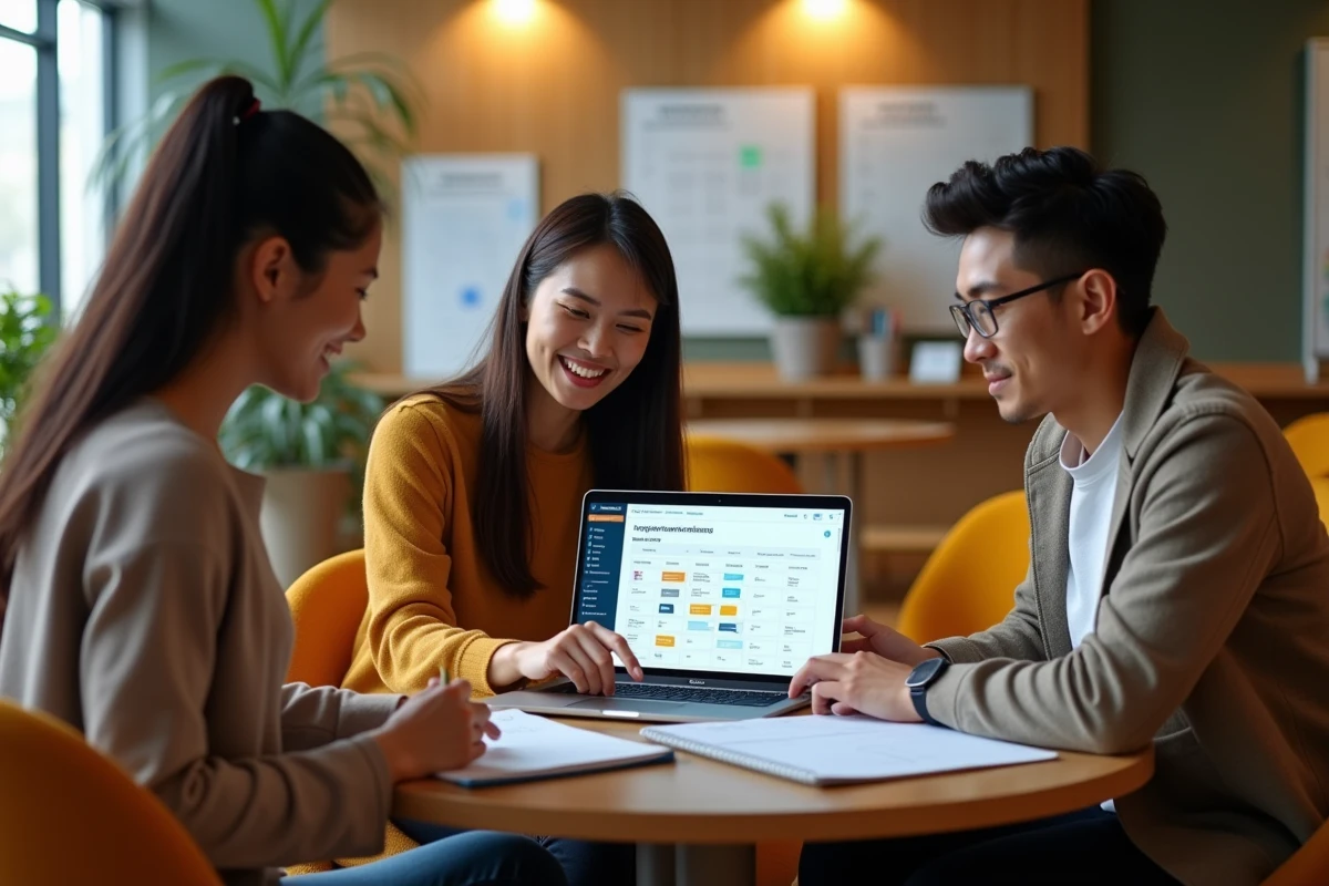Groupe d'étudiants découvrant ensemble l'interface HYPERPLANNING sur ordinateur portable dans un espace de travail universitaire