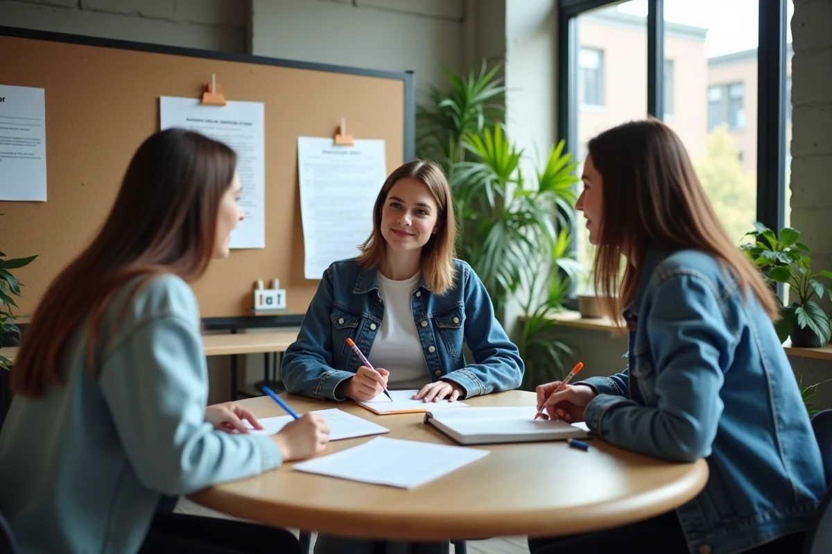Groupe d'étudiants PSB préparant les partiels ensemble autour d'un planning de révision dans un espace de coworking universitaire