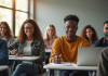 Groupe d'étudiants dans une salle de classe lumineuse