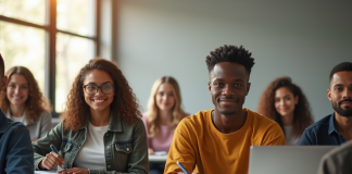 Groupe d'étudiants dans une salle de classe lumineuse