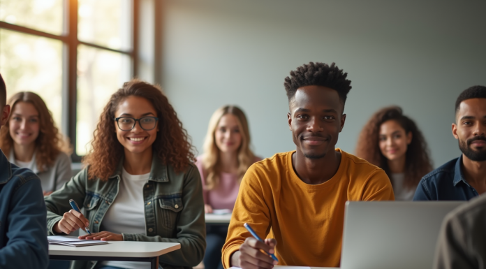 Groupe d'étudiants dans une salle de classe lumineuse