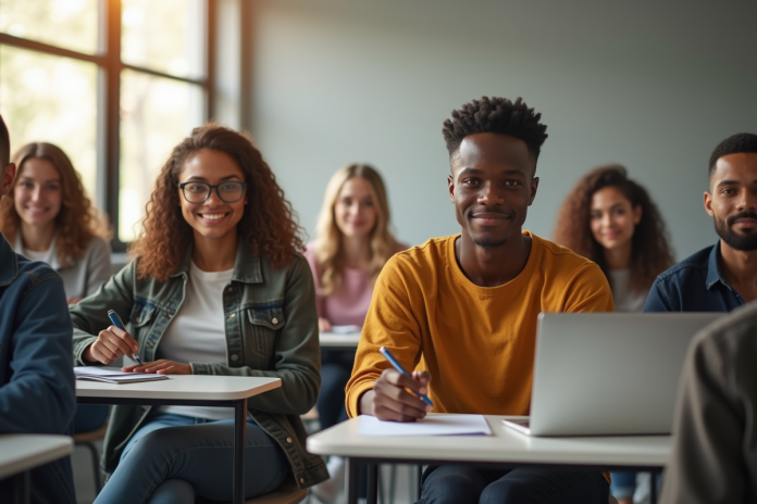 Groupe d'étudiants dans une salle de classe lumineuse