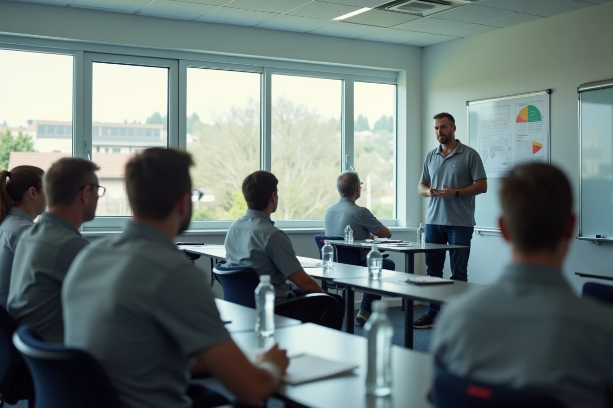 Groupe de stagiaires adultes en salle de formation FIMO avec formateur et tableau blanc