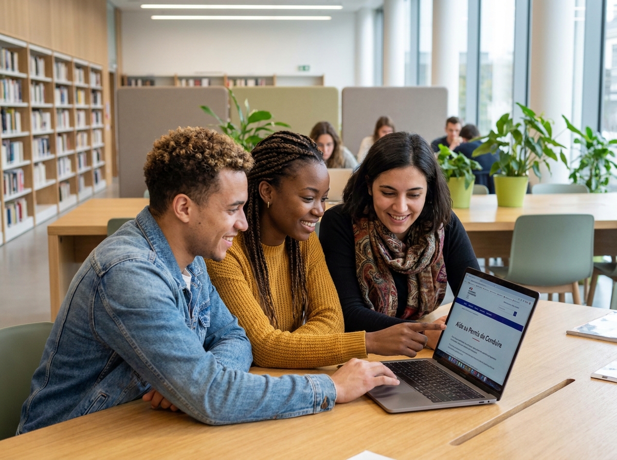 Groupe de jeunes adultes consultant un site officiel d'aides régionales au permis de conduire sur un ordinateur portable
