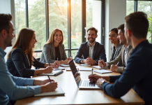 Groupe de professionnels en atelier collaboratif en entreprise