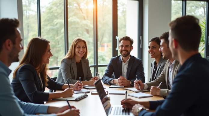 Groupe de professionnels en atelier collaboratif en entreprise