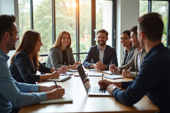 Groupe de professionnels en atelier collaboratif en entreprise