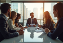 Groupe de professionnels en réunion dans une conférence lumineuse