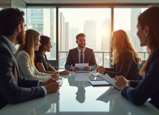 Groupe de professionnels en réunion dans une conférence lumineuse